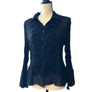 Michele Michelle Y2K Vintage Black Ruffle Button-Up Blouse, Petite Small